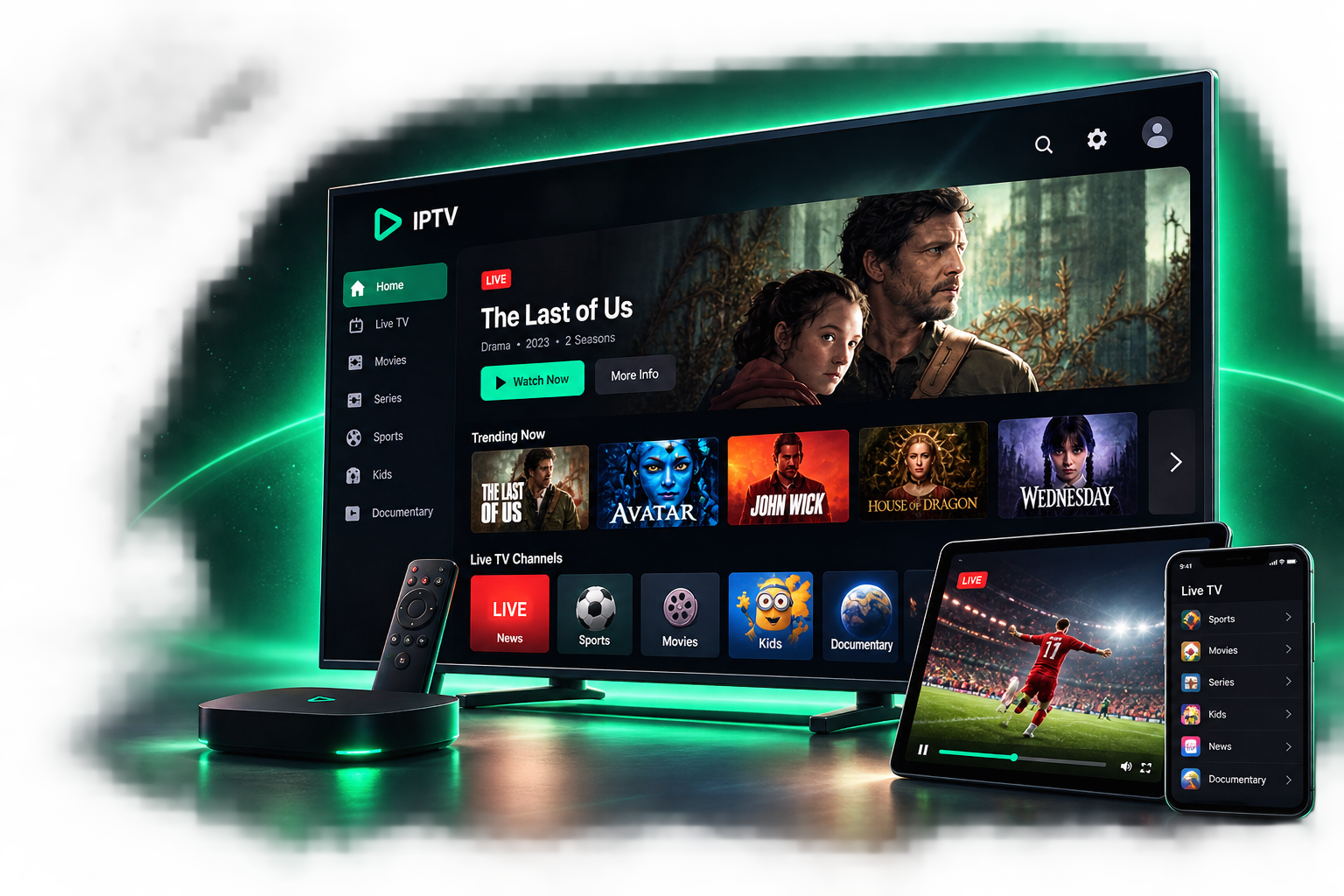 Modern IPTV streaming experience with smart TV, streaming box, tablet and smartphone